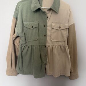 Colorblock Corduroy Button-Front Jacket - Green & Tan